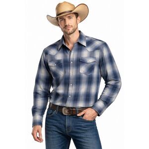 Canyon Guide Outfitters 2X Blue Plaid Western Pearl Snap Shirt Long Sleeve